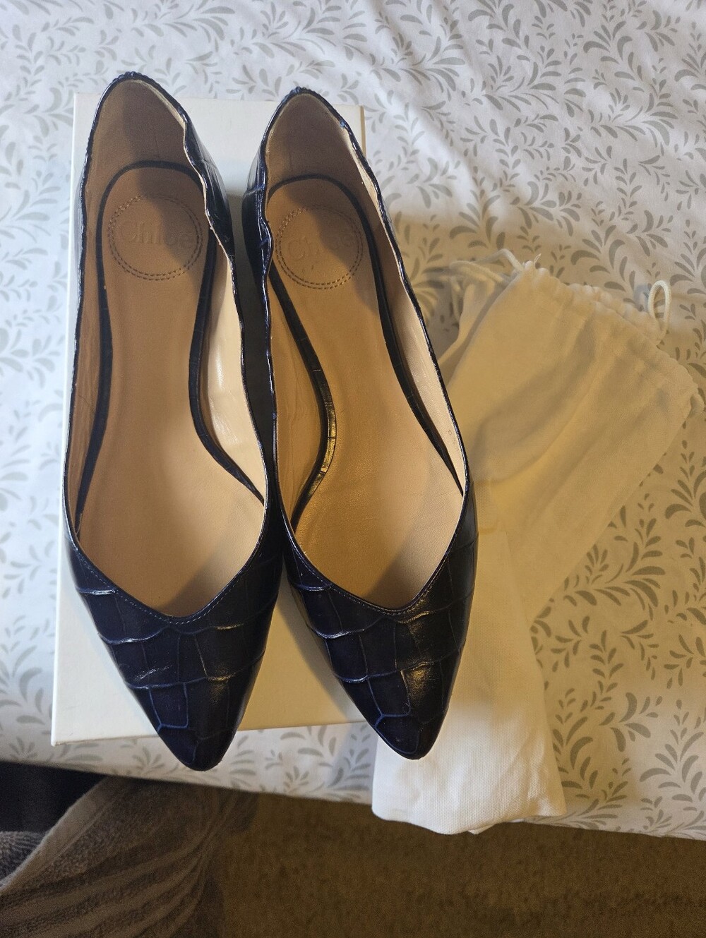 Chloe Navy Blue Croc-Embossed Pointed Toe Flats - Picture 4 of 5